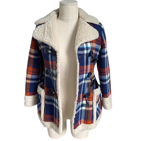 Vintage Plaid Sherpa Lined 1970s Jacket Wood Toggle Closure Wool Winter Coat - Picture 7 of 11